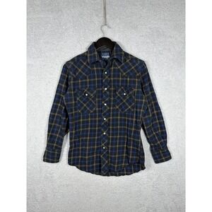 Wrangler Mens Size S Pearl Snap Shirt Blue Flannel Plaid Western Cowboy‎